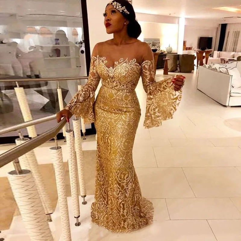 Asoebi Style 2023 New Prom Dresses Long Sleeve Gold Lace Evening Dress Illusion Neck Mermaid Arabic African Formal Gowns Custom