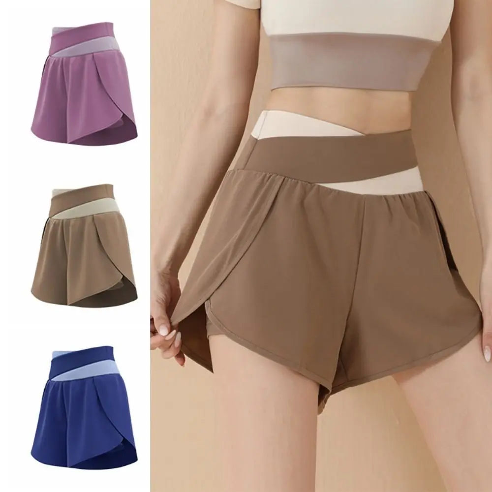 

Breathable Women Sports Shorts Colorblocked 2 In 1 Inner Liner High Waist Workout Shorts Side Phone Pockets Anti-Slip