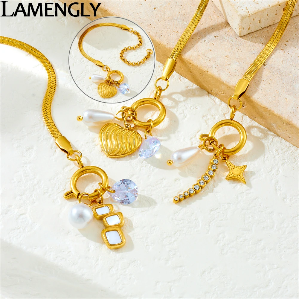 LAMENGLY316L Stainless Steel Creative Double Chain Splicing Pearl Shell Crystal Pendant Bracelet For Women New Trend Wrist Chain