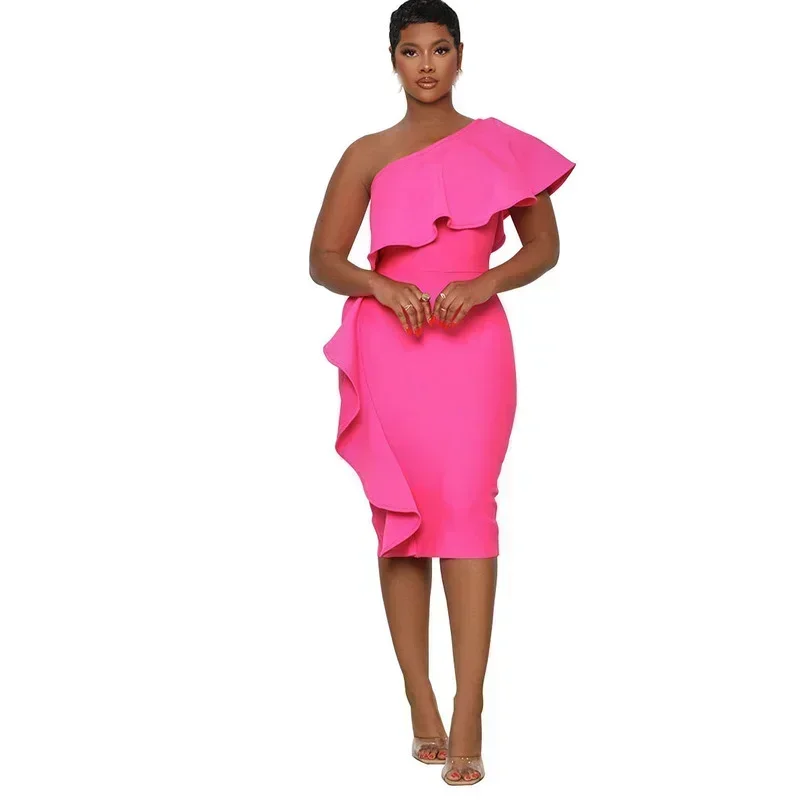 GUWU Ruches Splicing Een Schouder Skew Hals Bodycon Vrouwen Jurk Sexy Party Clubwear Bandage Midi Knielengte Jurken