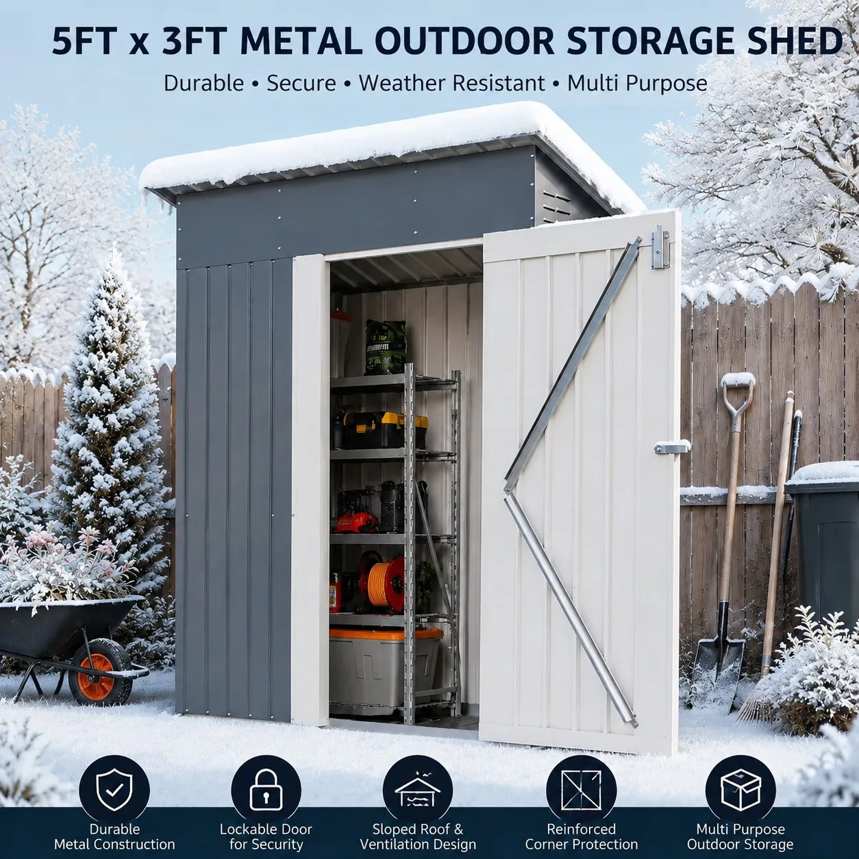 5x3 FT Metal Outdoor Storage Shed Small Garden Tool Shed with Lockable Door Weather Resistant Sloped Roof Ventilation for Backyard Patio Lawn Equipment Garbage Bin Storage