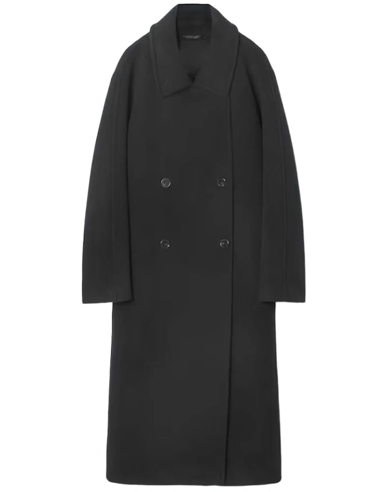 

Fashion Women Woolen Long Coat Lapel Double Breasted Long Sleeve Overcoat 2025 Autumn Winter New High Street Lady Outerwear