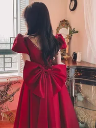 Burgundy Simple Evening Dress Luxury Satin Elegant Square Collar Puff Sleeve Backless Large Bow Mid-Long Homecoming Gowns