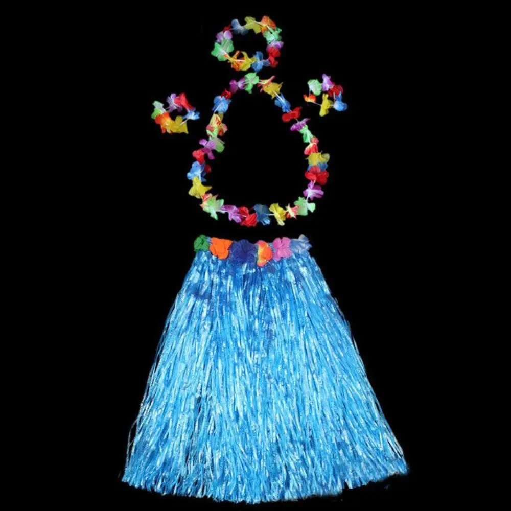 سحر تنورة Hawaiia Hula لتزيين الحفلات ، فستان فاخر ، إكليل من الألياف البلاستيكية ، عصابة رأس وسوار ، مجموعة أزياء متعددة الألوان