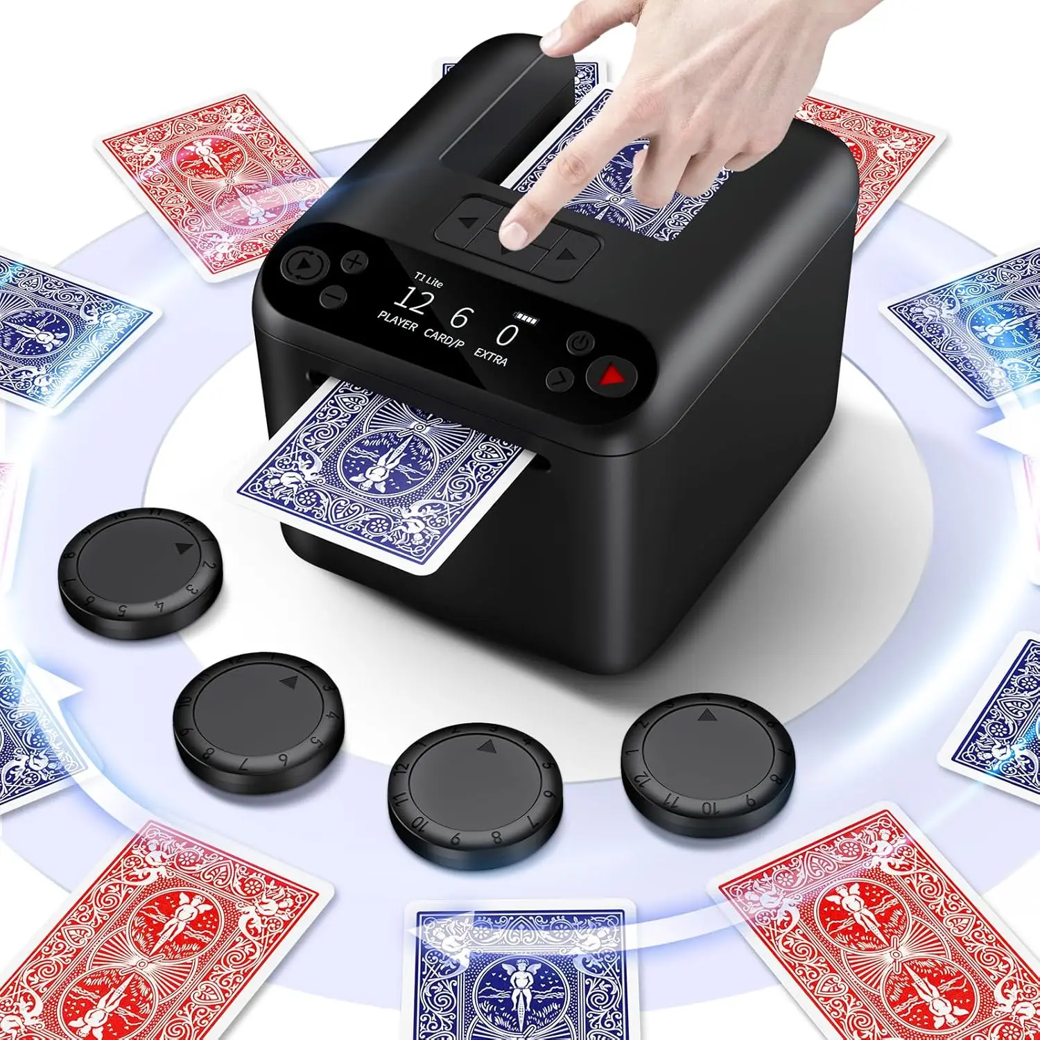 

Automatic Card Dealer for Texas Hold'em UNO Poker Games, Rechargeable with 4 Remotes, Handles 1-2-3 Decks and Up to 12 Players