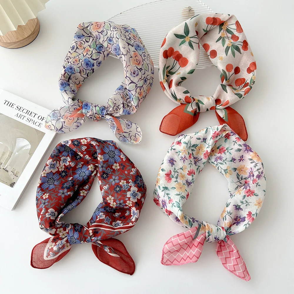 New Summer Linen Cotton Square Scarf Floral Flower Head Neck Scarves Hair Scarf Neckerchief Cotton Bandanas Headwear 55*55cm