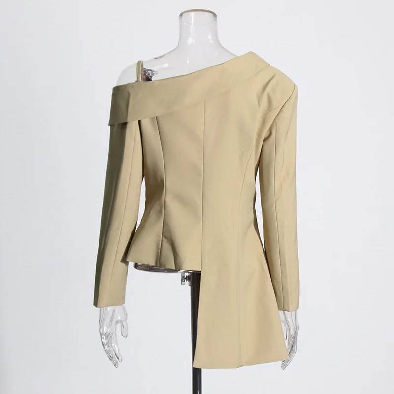 HKSH Herbst Neue Frauen Blazer Einreiher Spitze Patchwork Off-schulter Asymmetrische Design Elegante Chic High Street Mantel HK11491