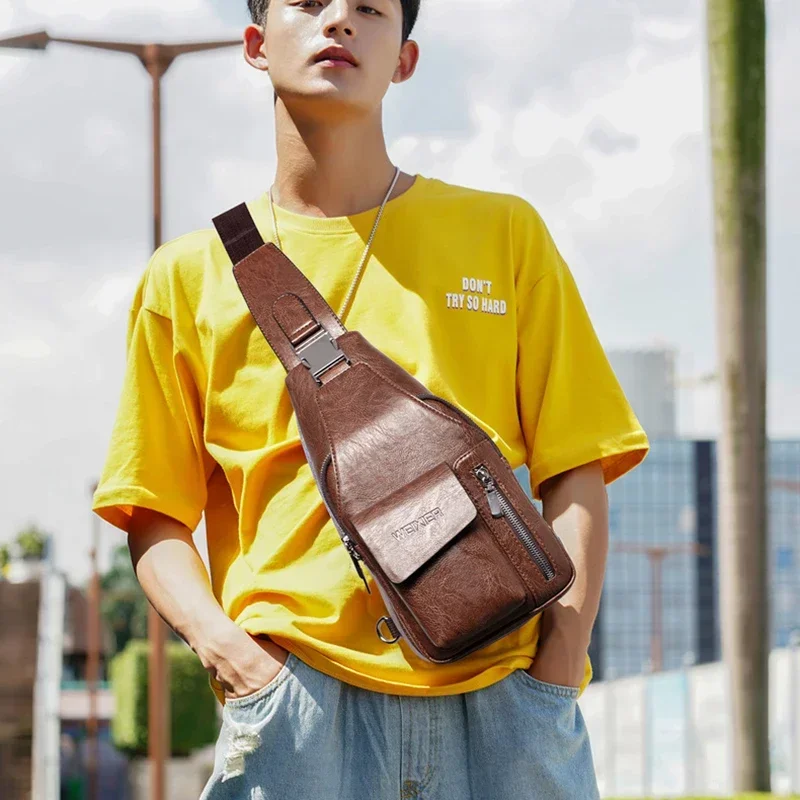 Men Cross body Sling Backpack Shoulder Messenger Bag Travel Fashion Trend Casual Retro PU Leather Male Crossbody Side Chest Bags