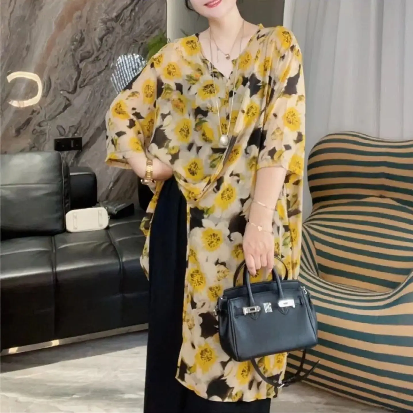 

French Style Summer Loose Long Sleeve Floral Print Sun Protection Chiffon Shirt
