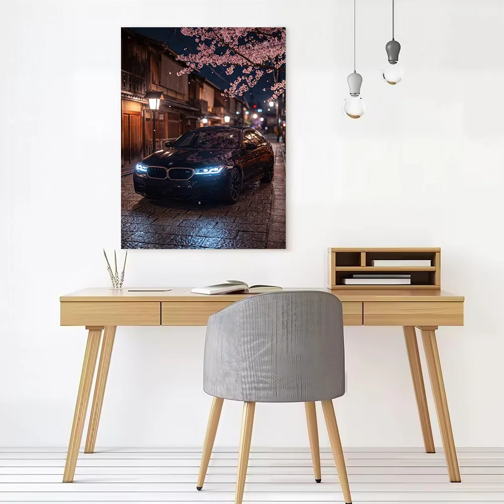 Sports Car M5 in Cherry Blossom Alley Poster Canvas Wall Art Personalized Print Modern Painting Perfect Gift for Home Decor Arts