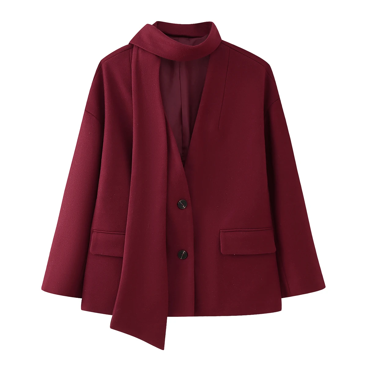 TRAFZA-Women Elegant Scarf Jacket Coat Christmas Red Buttons V-Neck Coat New 2024 Autumn Fall Fashion Romantic Coat with Lined