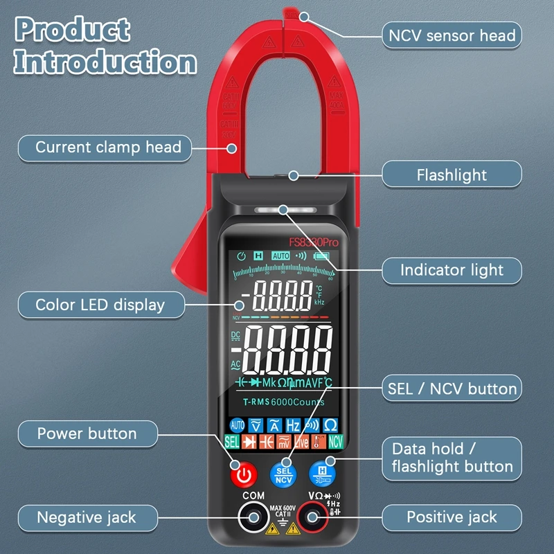 HUAJIAYI Digital Clamp Meter AC 400A Current Voltage 6000 Counts Clamp Multimeter Live Check NCV Frequency Capacitor Tester