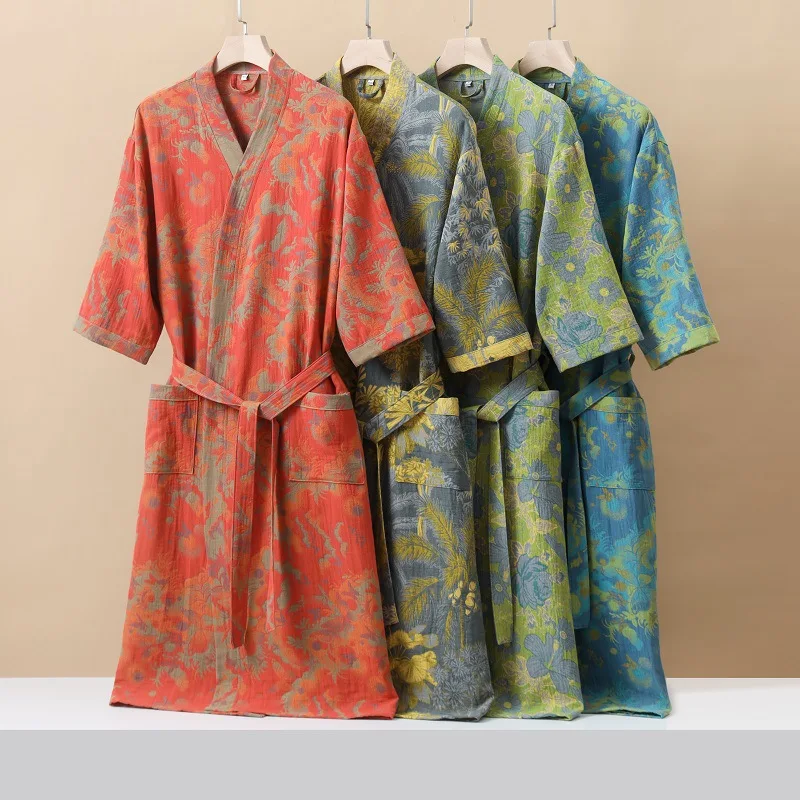 

Cotton Double-layer Gauze Bathrobe All Seasons Printing Couples Kimono Hotel Yukata Absorbent Robes