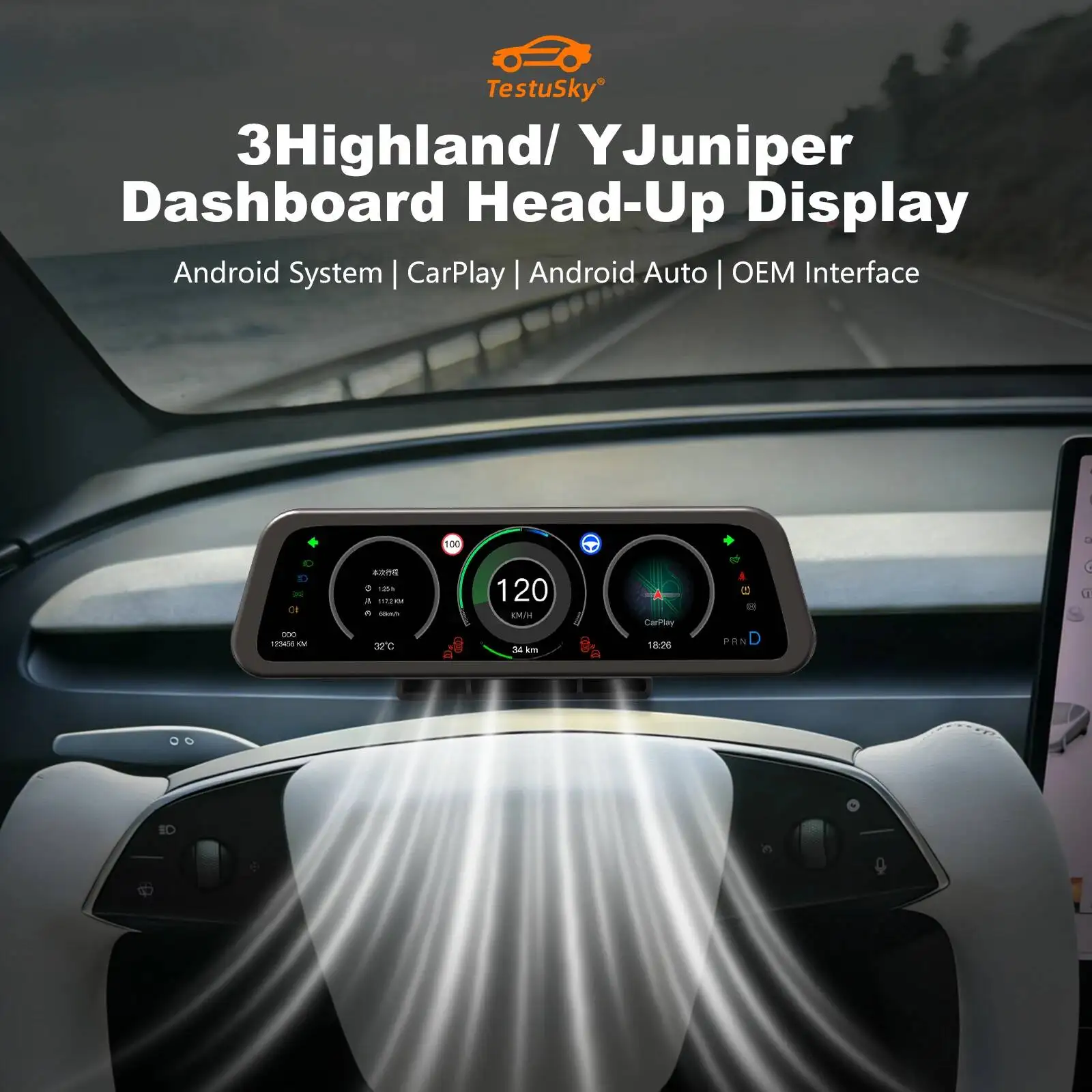 9.6inch Andriod Auto Instrument Cluster Screen With Camera For Tesla Model 3/Y/YL Wireless CarPlay LCD Dashboard Head-Up Display