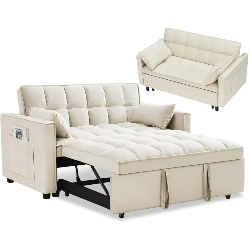 3 in 1 Sleeper Sofa Couch Bed, Velvet Convertible Sofa Bed with Armrests, Storage Pockets & 2 Pillows, Modern Sofa Bed Couch