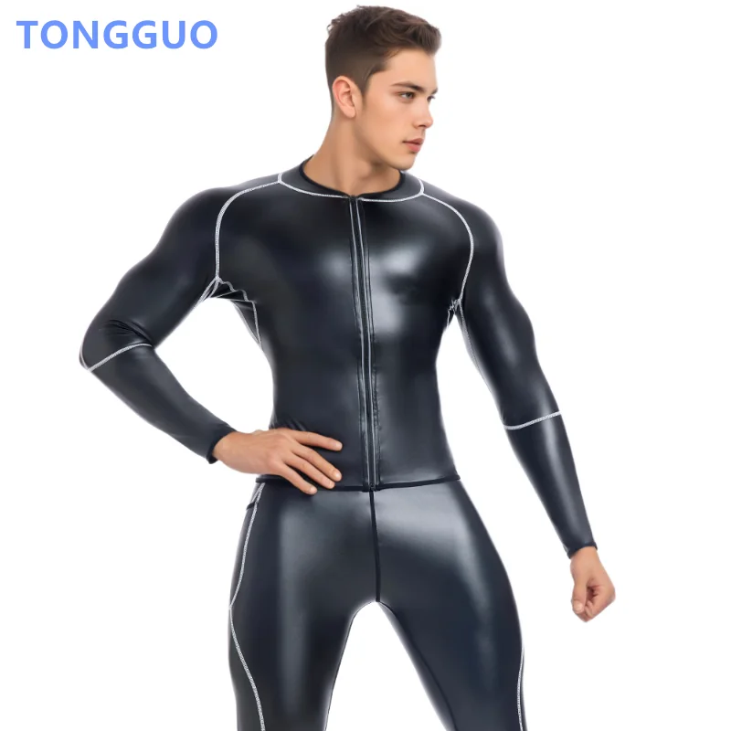 

Крутые корсеты для тренировки талии для мальчиков, рубашки на молнии, воротник-стойка, формирователь тела, кожаная куртка, белая линия, рубашка из искусственной кожи с длинными рукавами