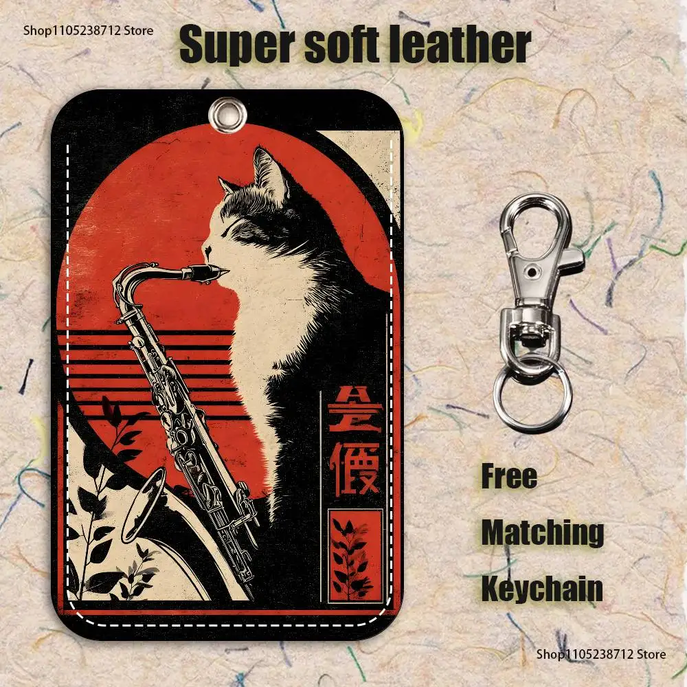 اليابانية خمر القط نمط 1 قطعة بو الجلود حامل البطاقة المفاتيح حلقة رئيسية قفل الباب الوصول العلامات بطاقة الهوية حالة المفاتيح بطاقة #4