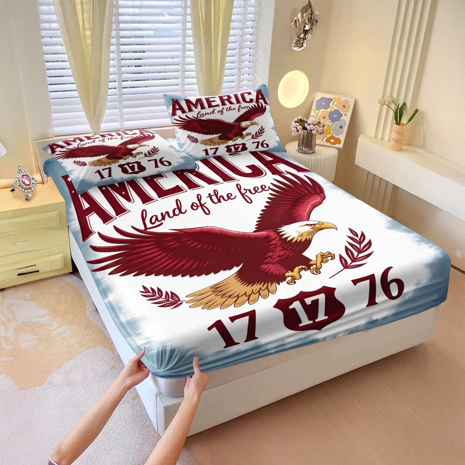 Vintage Soft American Bald Eagle 1776 Patriotic Fitted Sheet Set 3Pcs USA Freedom Flag Retro Deep Pocket Elastic Mattress Cover