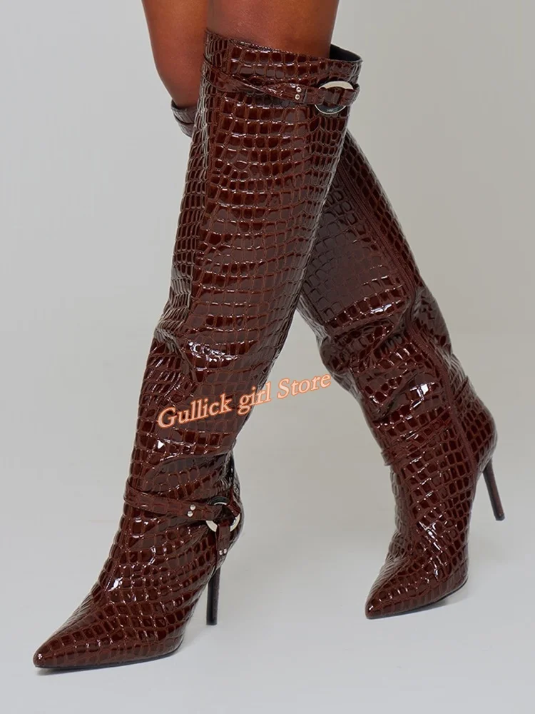 Chocolate Croc Knee High Heeled Boots Leather Point Toe Ring Detail Fashion 2024 Winter Autumn Women Runway Dress Boots