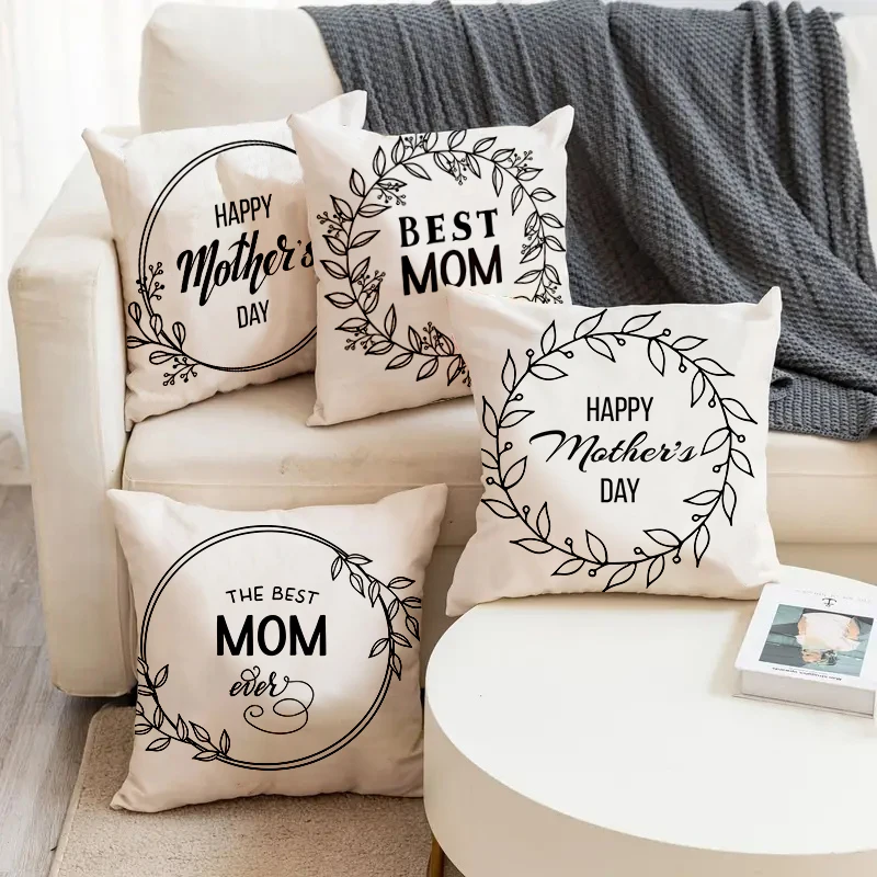 

Happy Mother's Day Round Garland Pattern Print Square Pillowslip Linen Blend Cushion Cover Pillowcase Living Room Home Decor