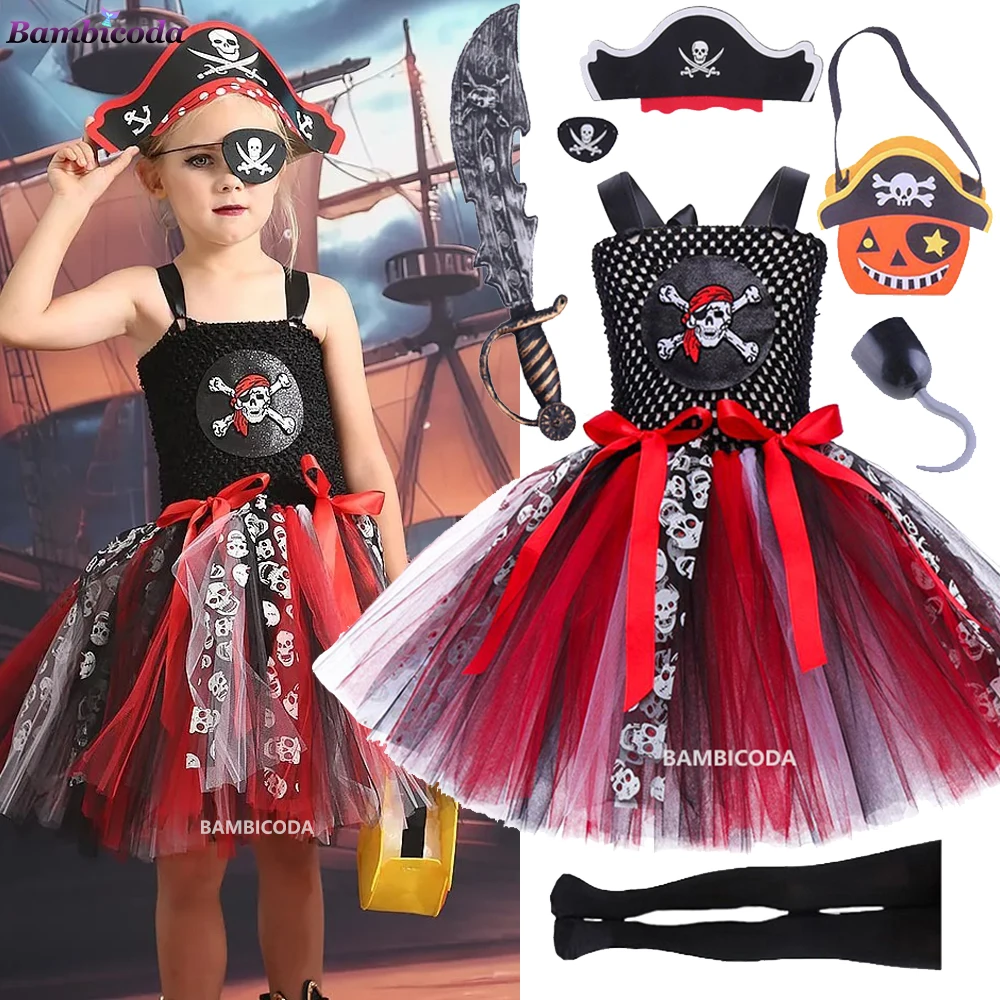 

2024 Girls Pirate Costume Girl Halloween Costume Children's Party Cosplay Costumes Pirate Captain Girl Baby Kids Mesh Tutu Dress