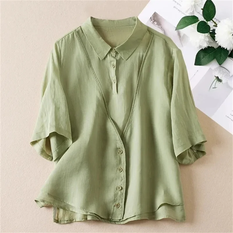 2024 Spring Summer Women's Blouse Cotton And Linen Versatile Ladies Shirt Temperament Fake Two Retro Style Lady Pullover Shirts