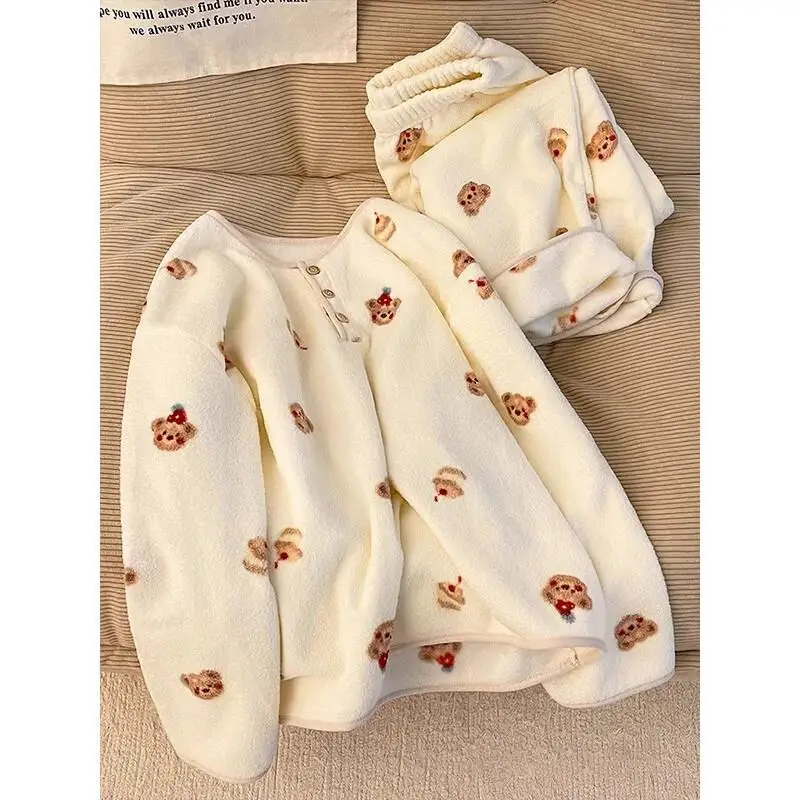 

Женский пижамный комплект, зимняя домашняя одежда для девочек, фланелевой пижамный комплект для женщин, милая домашняя одежда из кораллового флиса, плотная теплая мягкая одежда для сна