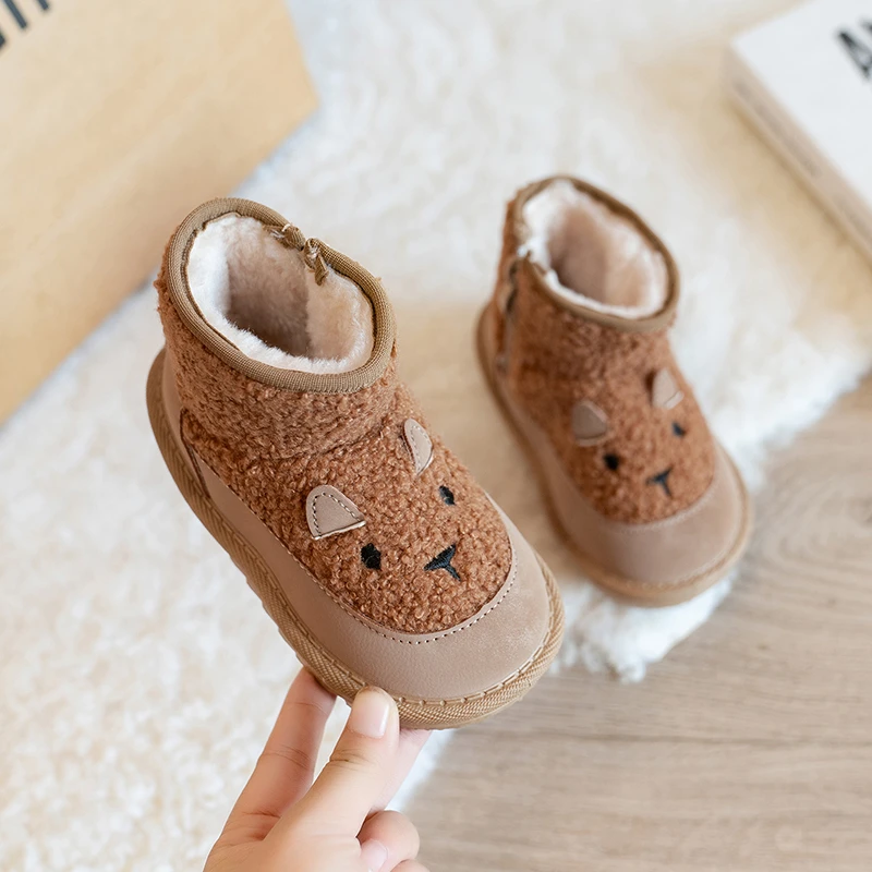 2024 New Winter Baby Snow Boots Leather Cute Sheep Pattern Boys Shoes Warm Plush Soft Sole Fashion Toddler Girls Boots 17-30