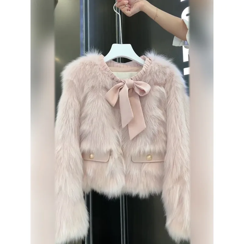 Women Pink  Eco-friendly Faux Fox Fur Short  Tassel Trim Designer  Ageing Jacket  Furry Top Warmth  Luxury Niche Jacket Women