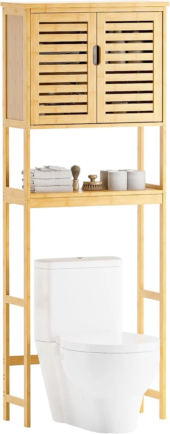 

Bathroom Over The Toilet Storage Cabinet, 2 Door Bamboo Cabinet Organizer, Freestanding Space Saver Toilet Rack with Adjustab