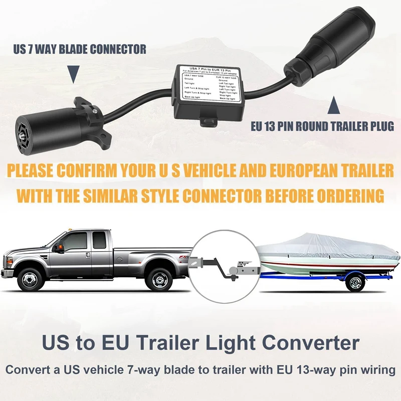 3X USA To European Trailer Light Converter 7 Way Flat Socket (US Vehicle) To 13-Pin Round Plug (EU Trailer)