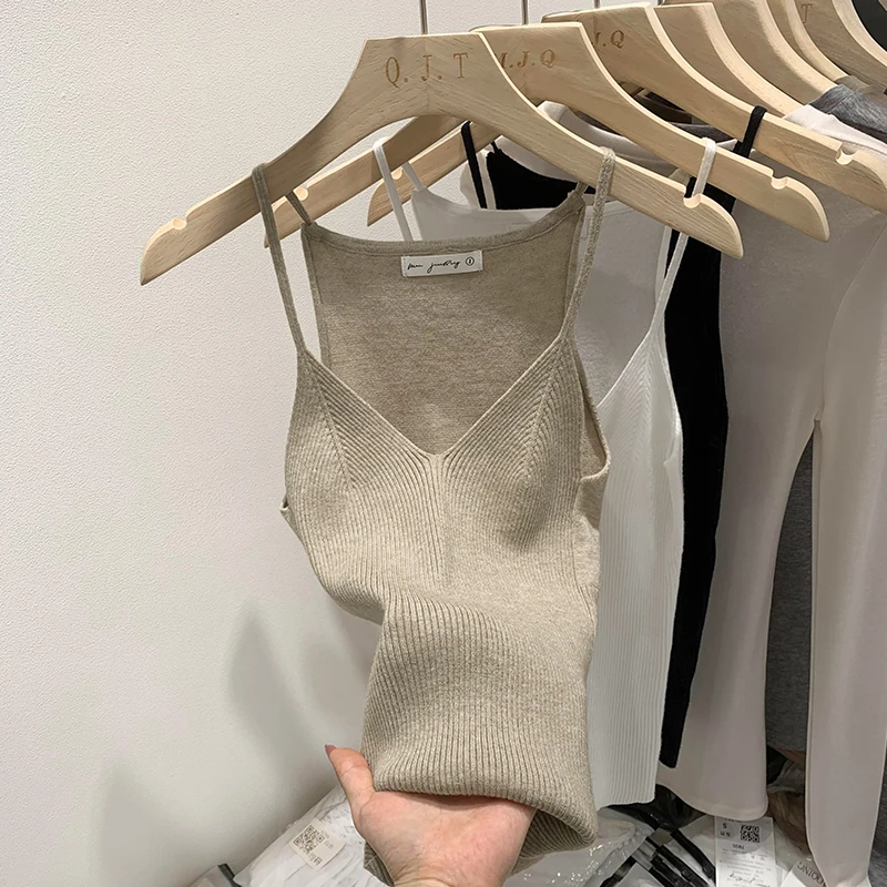 2026 Women Summer Style Sleeveless Vest Solid Color Slim Fit V Neck Knitted Top Fashionable Versatile Base Layer Knit Tank Tops