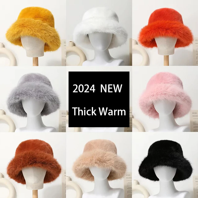 Big Faux Fur Bucket Hat for Women Thick Plush Warm Lovely Fluffy Winter Hat Lady Luxury Fashion Furry Panama Fisherman Cap view 6