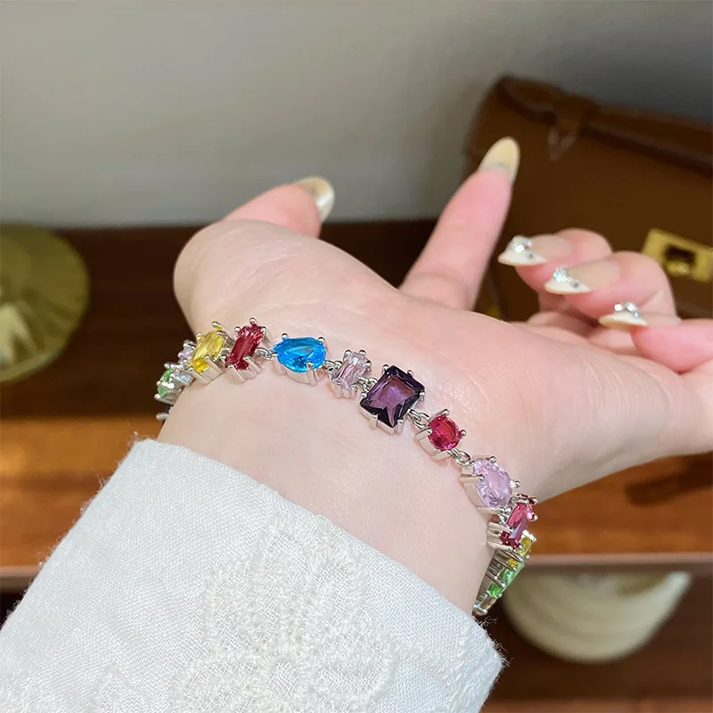 Trendy Sweet Zircon Irregular Square Oval Colored Bead Bracelet For Women Korean Fashion Rhinestone Geometric Bracelet Girl Gift image 3