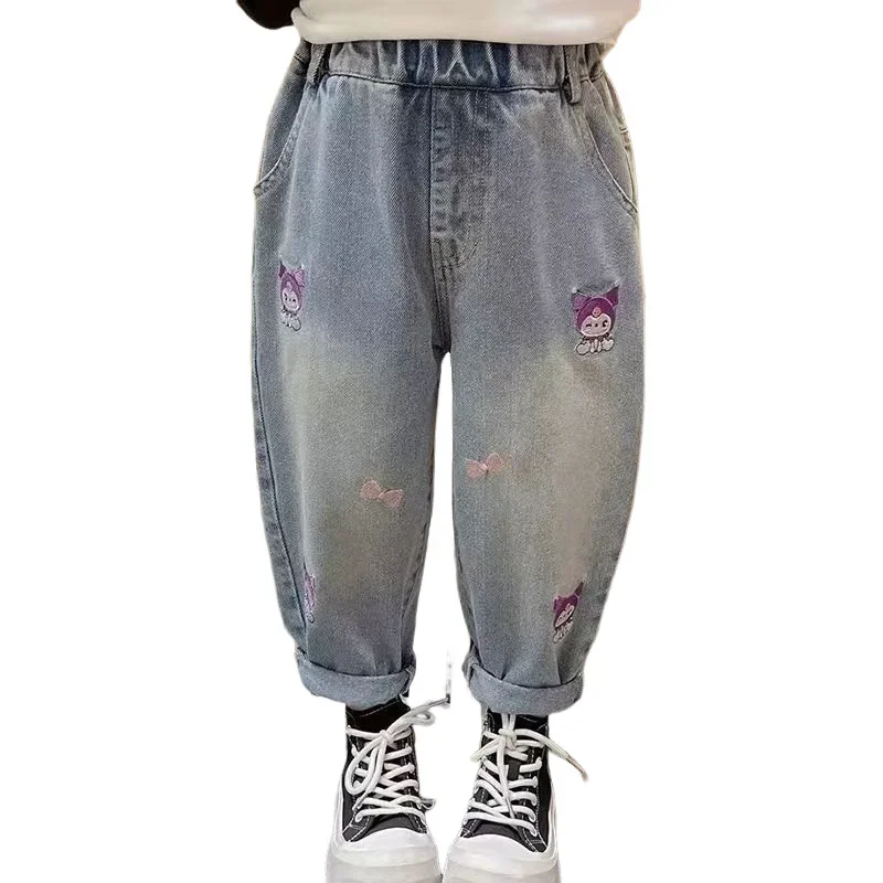 فتاة الجينز ربيع الخريف Kuromi ملابس الأطفال جديد Kawaii الكرتون أنيمي فضفاض فتاة الطفل الخريف الملابس السراويل