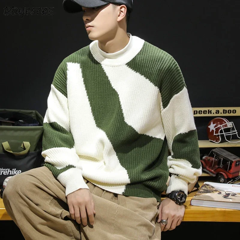 Panelled Knitted Pullovers Men Baggy Soft Warm Thicken Sweaters High Street Fashion Handsome Winter Jumper Casual Korean Style