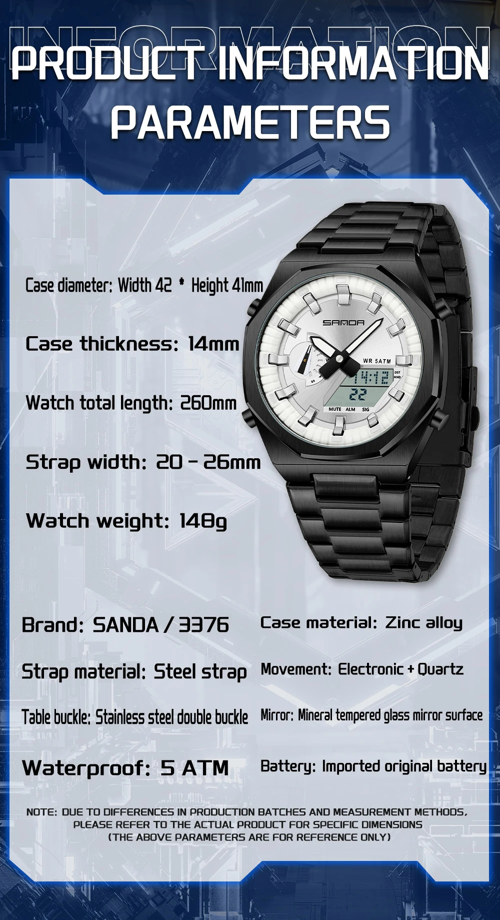 SANDA 3376 นาฬิกาผู้ชาย 2025 ใหม่นาฬิกาอิเล็กทรอนิกส์เหล็กแนวโน้ม Cool นาฬิกาปลุกมัลติฟังก์ชั่นนาฬิกาสําหรับชายนาฬิกาของขวัญ
