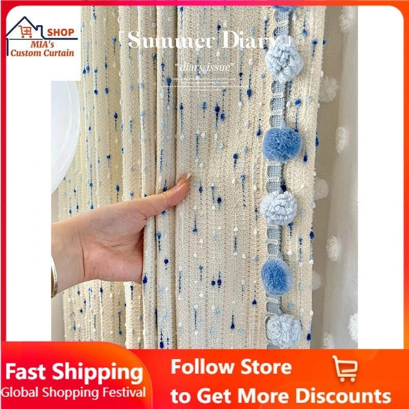 Custom Size Blue Children's Room Ice Cream Series Cartoon Chenille Curtains Daughter's Room Boy's Room Bedroom Bay Window  Decor