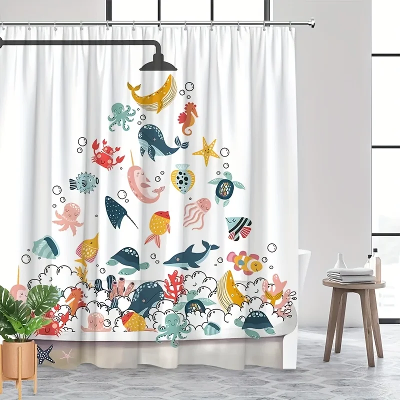 2D Flat, A Cartoon-style Ocean-themed Shower Curtain Featuring 2D Flat Prints of Whales, Sea Turtles, Starfish, Seahorses, Tropi