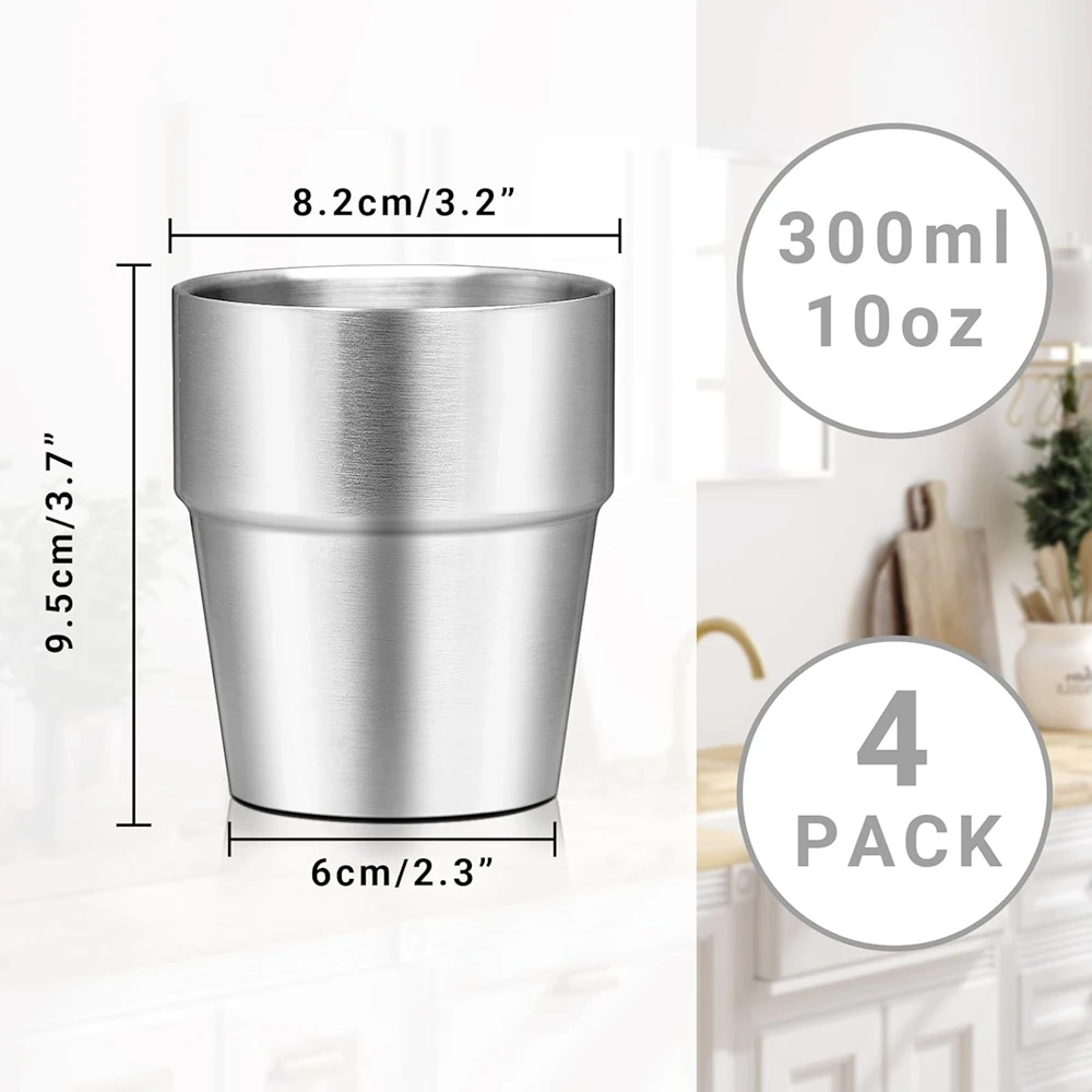 10oz Metal Cups 4 Pack Double Wall Stackable Insulated Stainless Steel Cups 6oz Drinking Glasses for Travel Camping Home Outdoor