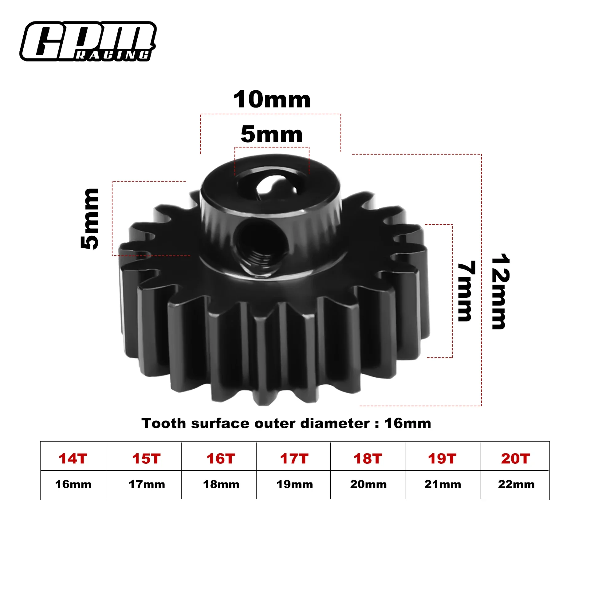 GPM Motor Pinion Gear 14T 15T 16T 17T 18T 19T 20T 1.0 Module 5mm Round Bore Chromoly Steel RC Upgrade Part
