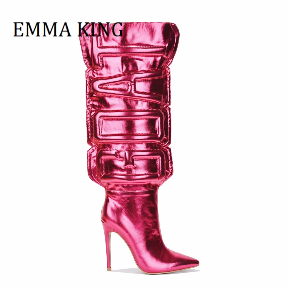 

2022 Autumn Women Thigh High Boots Shiny Metallic Leather Stiletto Botas Mujer Unique Cube Letter Runway Shoes Botas Altas Mujer