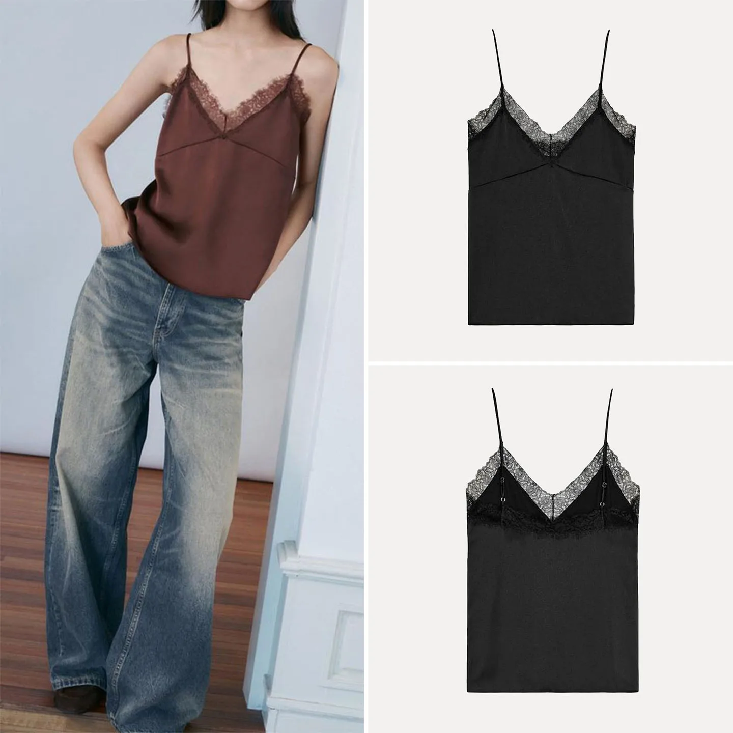 

Faionable Two-Tone Silk Satin Lace Trim Top Women's Casual Sle Vest 2025 Autumn New Arrival Z Brand