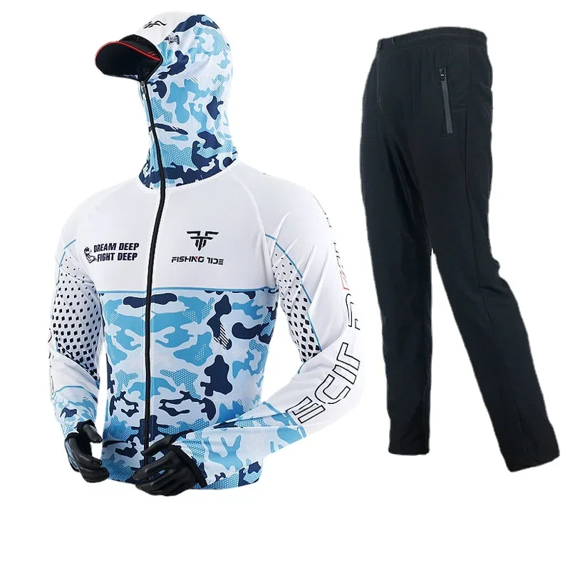 Conjunto de roupas de pesca competitivas masculinas, terno camuflado, jaqueta com capuz, secagem rápida, respirável, anti-UV, camisa e calças