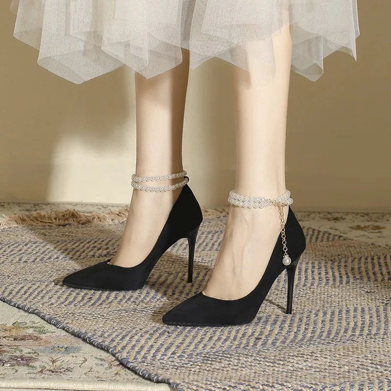 Black high heels for 18year-old female coming of age ceremony 2026 new suede hollow toe sandals with thin heels and pointed tips