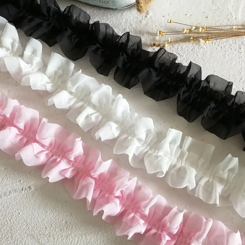 White Black Double Chiffon Pleated Lace Organza Skirt Ribbon Fringe Lace To Decorate Clothes Frill Sewing High Quality Lace Trim