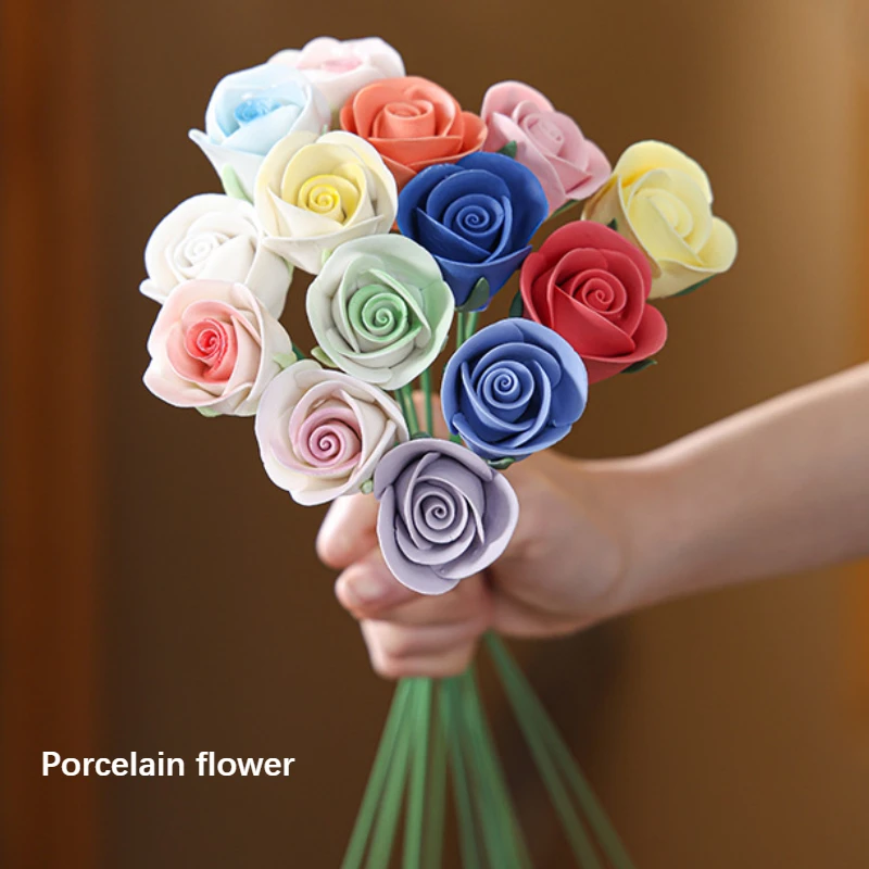 

Handmade Ceramic Rose Gradient Color Simulated Flower Bud Porcelain Vase Ornament Never Wither Flowered Handcrafted Gift Girls