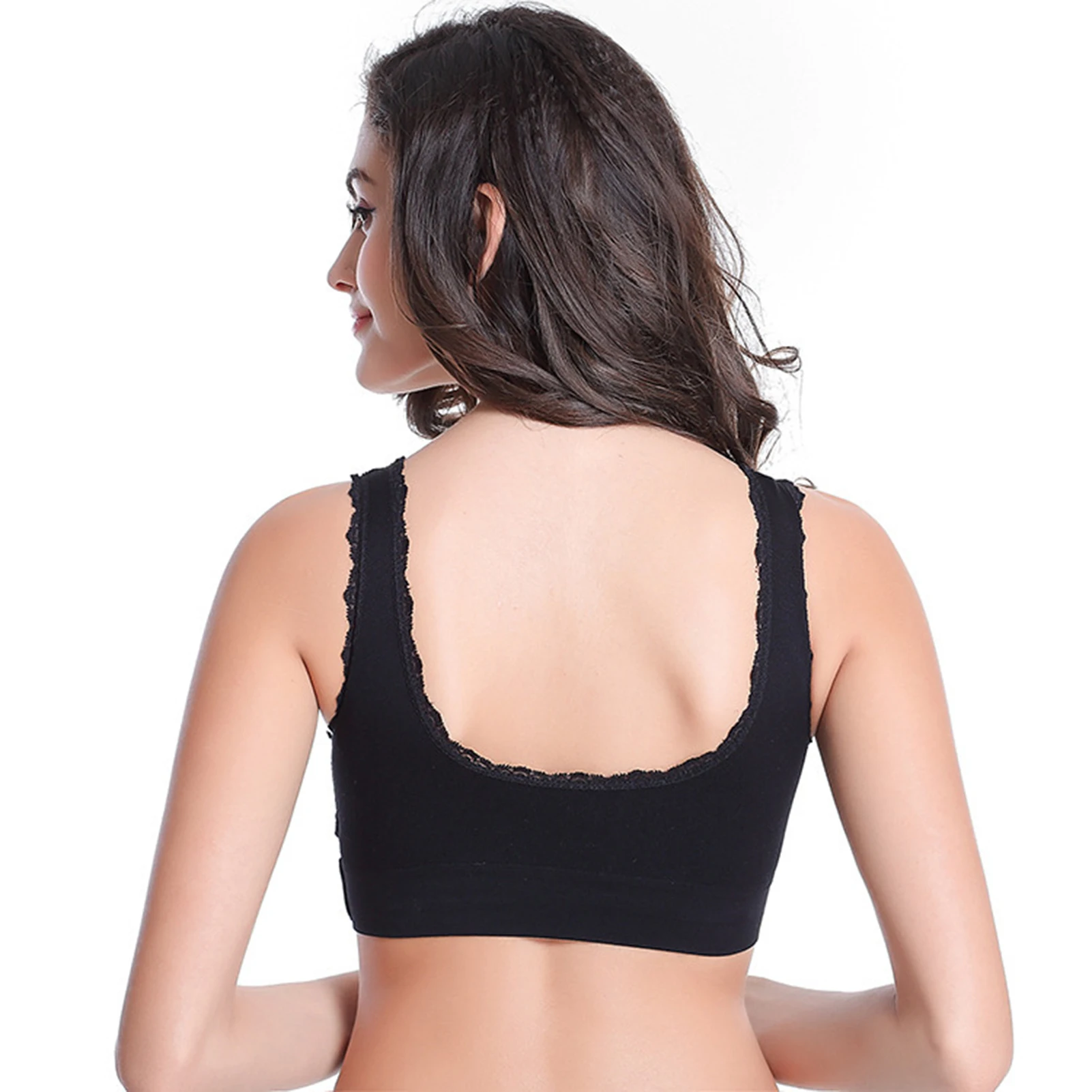 Women Ringless Gathered Bra with Lace Edge with Wide Shoulder Strap One-Piece Bra for Workout Yoga Gym Running