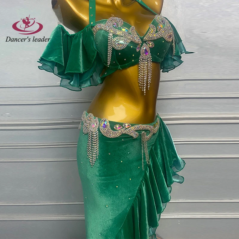 Traje de dança do ventre para mulheres, adultos e crianças, saia de renda diagonal verde de alta qualidade, vestido de alto flash de performance de samba