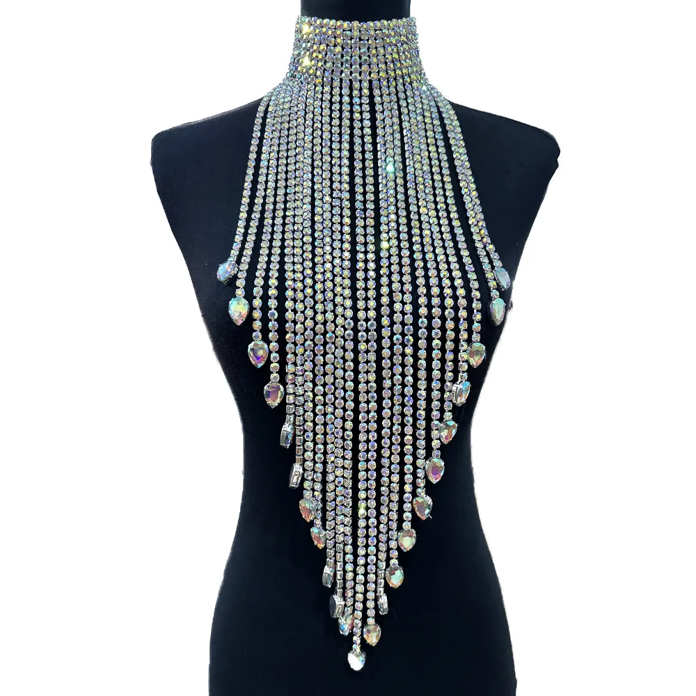 48cm Long Tassel Hung down to Waist Women Necklaces with Rhinestones SS28 Glass Gemstones Huge Jewelry Fashion Choker